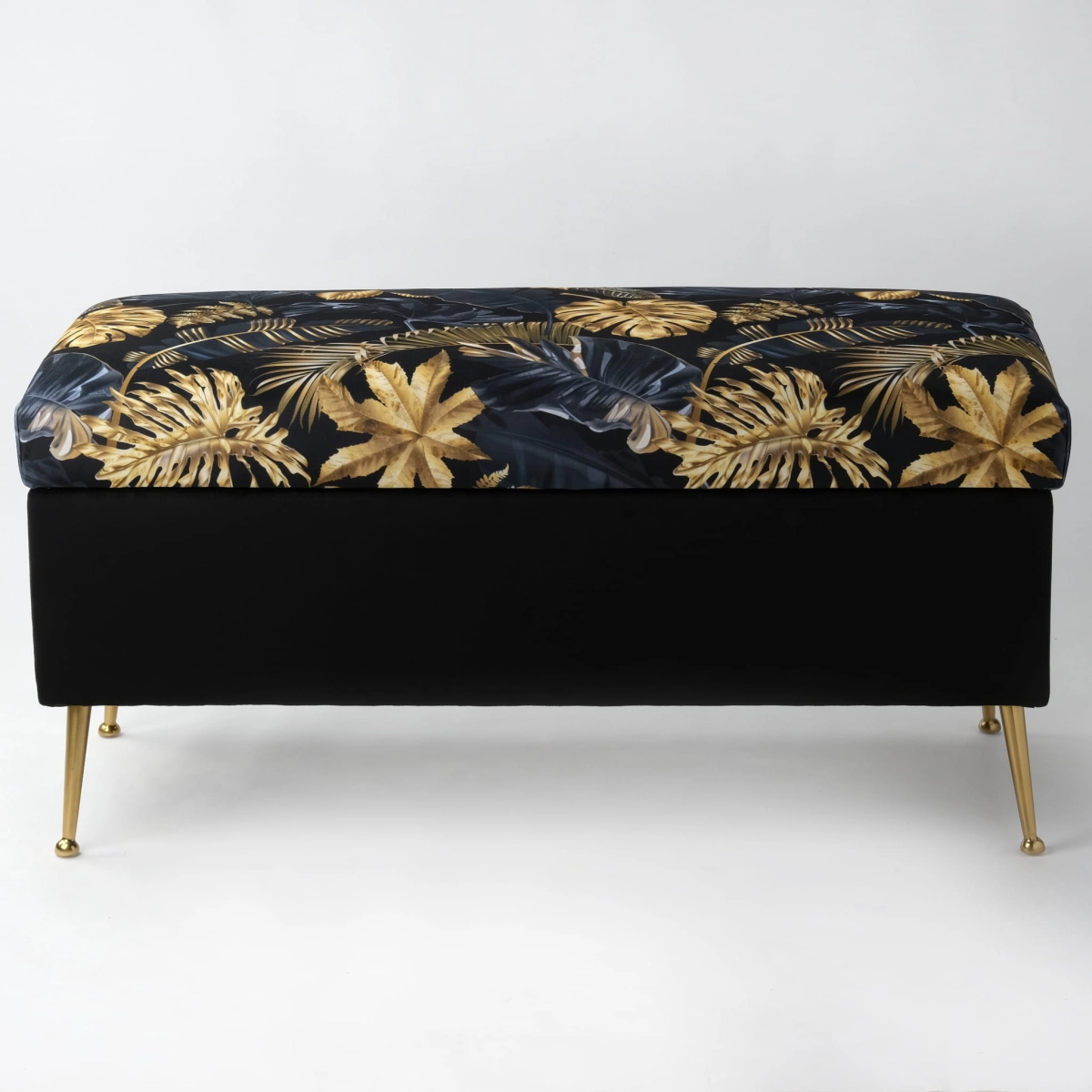 Pouf de rangement matelassé en feuille d'or, noir avec finition luxueuse