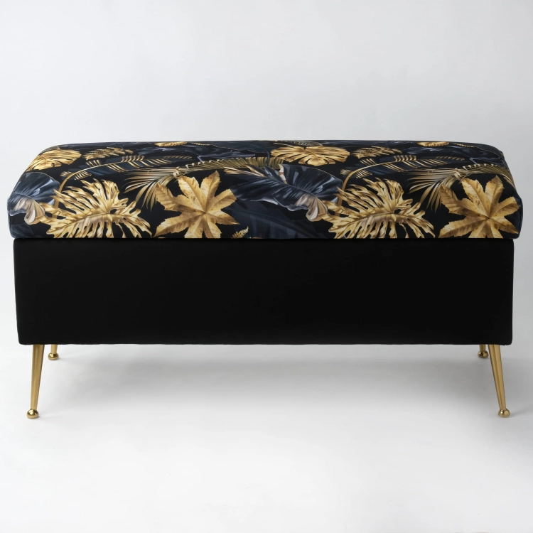 Pouf de rangement matelassé en feuille d'or, noir avec finition luxueuse