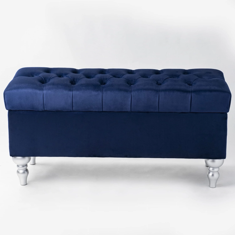 Pouf bleu marine avec rangement et matelassage, parfait pour les intérieurs modernes