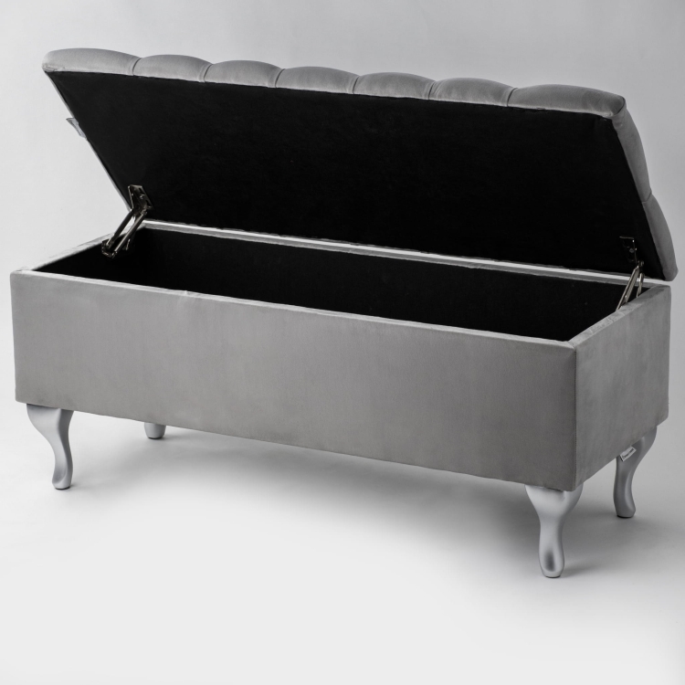 Pouf élégant matelassé gris clair avec rangement, meuble confortable et pratique