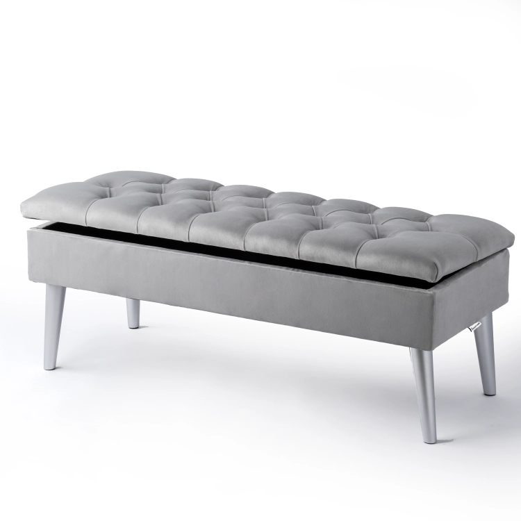 Pouf élégant matelassé gris clair avec rangement, meuble confortable et pratique