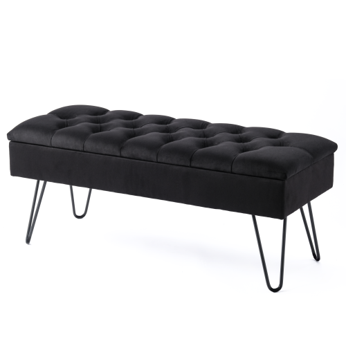 Pouf de rangement matelassé noir sur pieds en métal