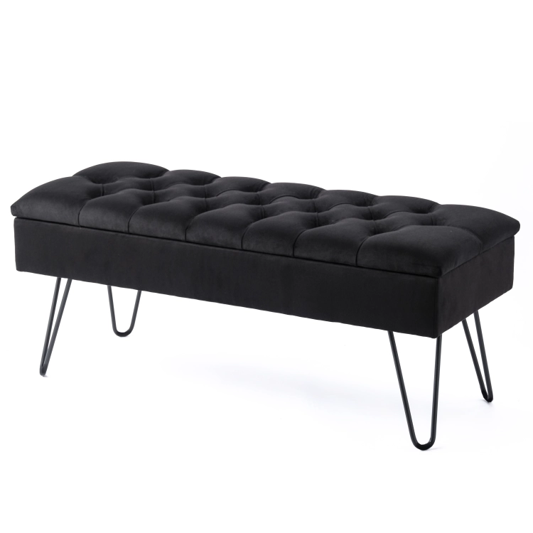 Pouf de rangement matelassé noir sur pieds en métal