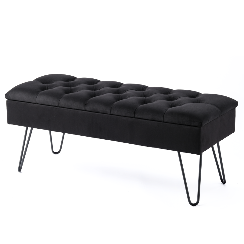 Pouf de rangement matelassé noir sur pieds en métal