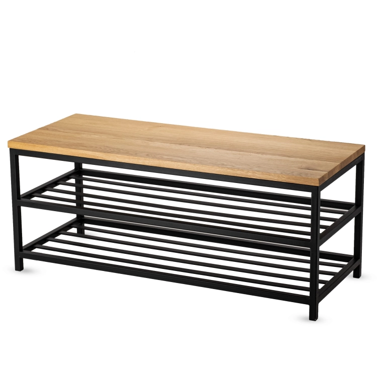 Banc industriel avec plateau en bois et étagères en dessous