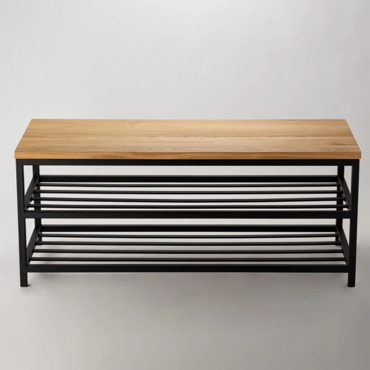 Banc de style industriel avec plateau en bois et espace de rangement