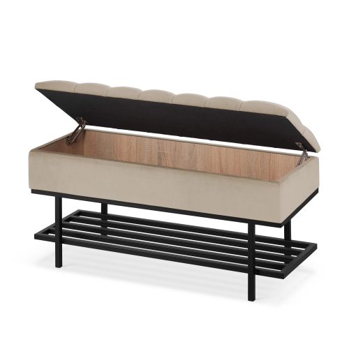 Banc capitonné Latte avec étagère et base en métal noir pour couloir ou chambre