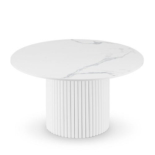 Table ronde blanche avec plateau en pierre et base rainurée décorative