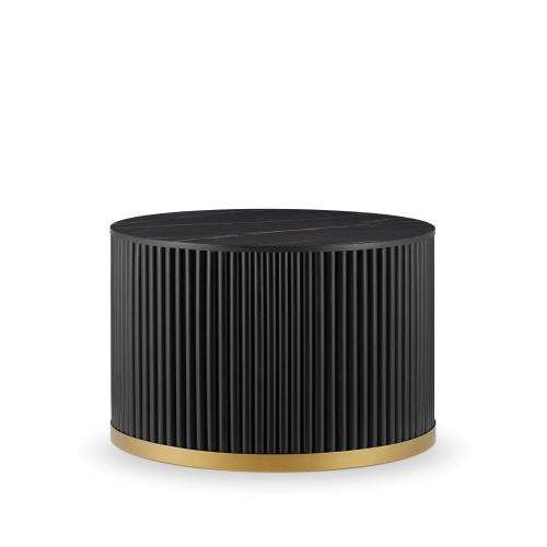 table noire élégante avec plateau en pierre et base rainurée