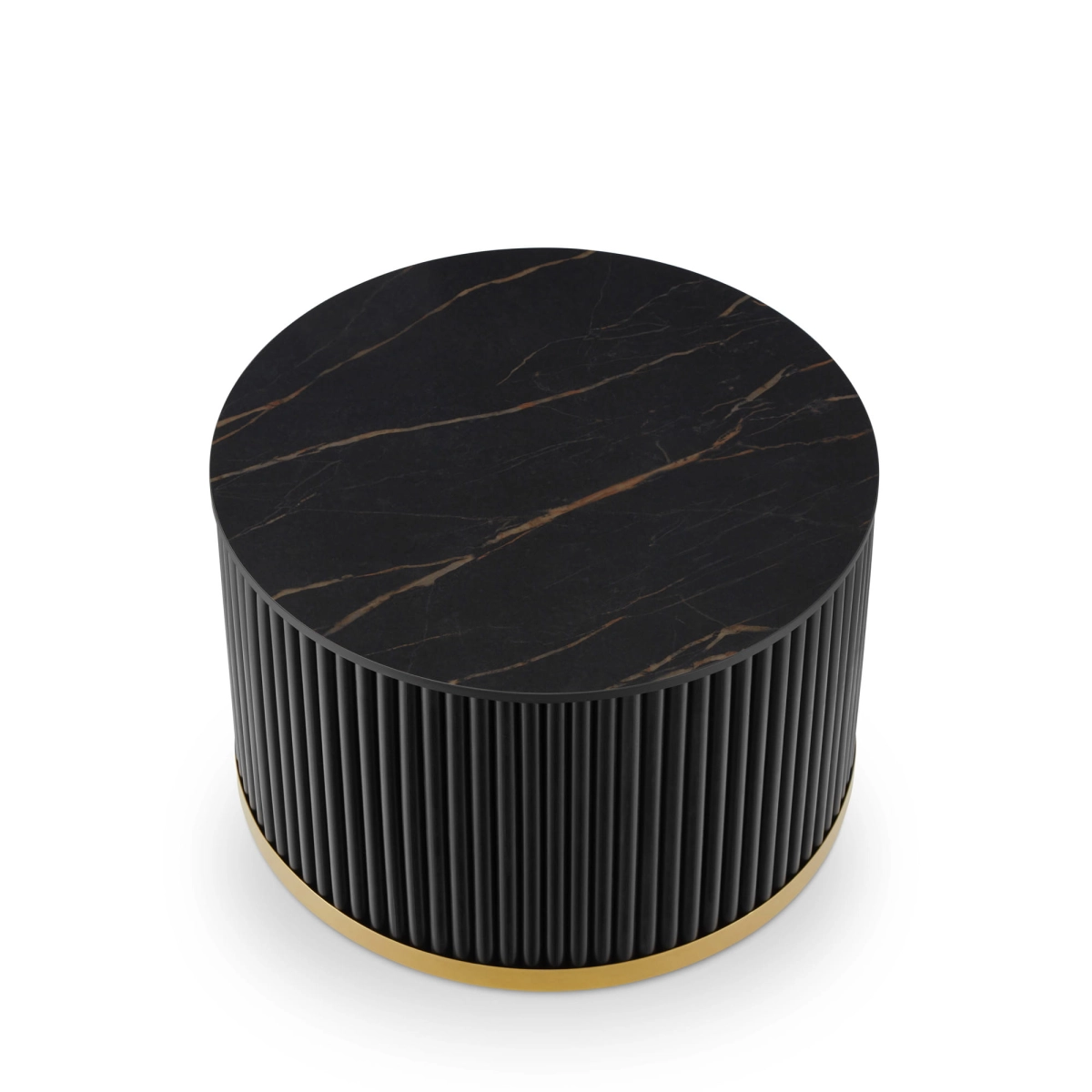 table ronde noire avec plateau en pierre et base rainurée d'origine