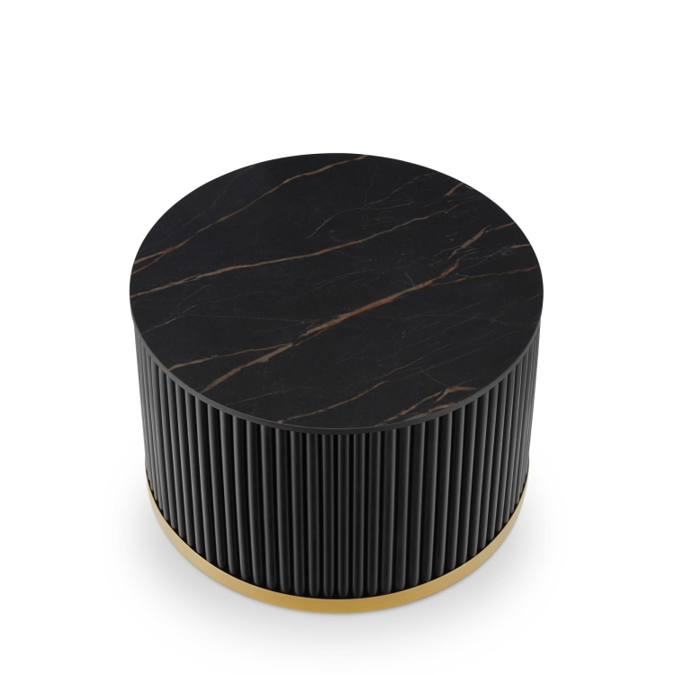 table ronde noire avec plateau en pierre et base rainurée d'origine