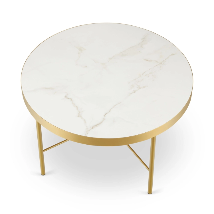 Table basse ronde élégante avec plateau en marbre et base dorée