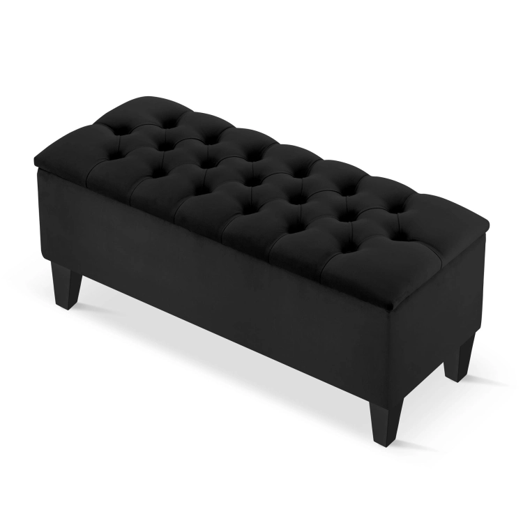 Élégant pouf matelassé noir avec rangement, parfait pour un salon ou une chambre