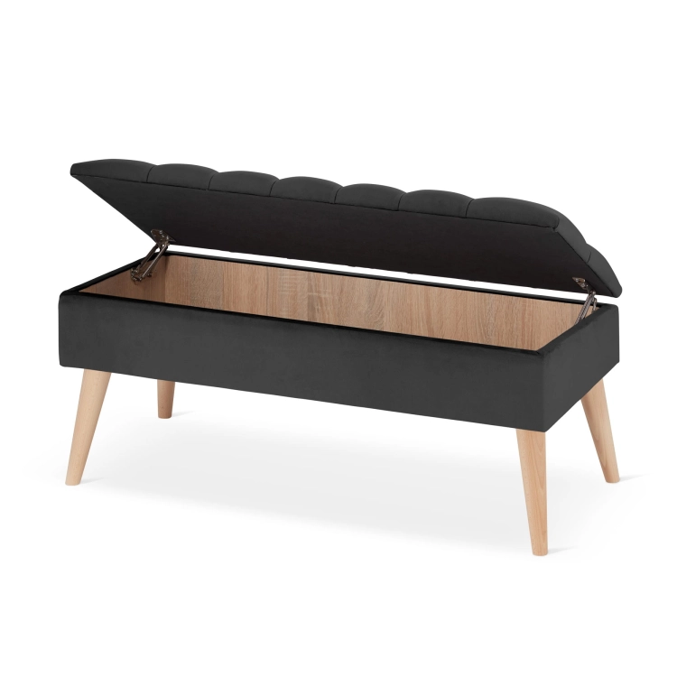 Pouf rétro matelassé gris graphite avec rangement – ​​un meuble élégant et pratique pour le salon.