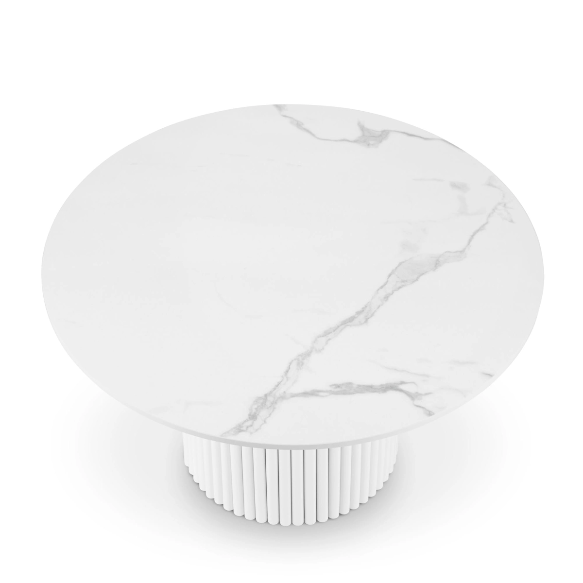 Table ronde blanche avec plateau en pierre et base rainurée