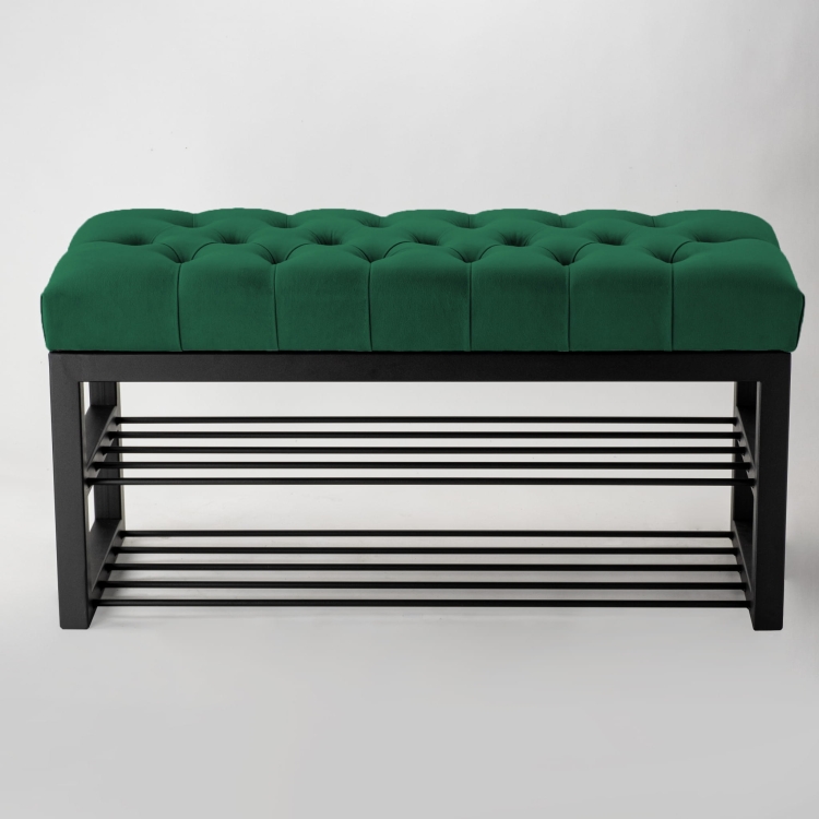 banc industriel matelassé avec étagères en métal