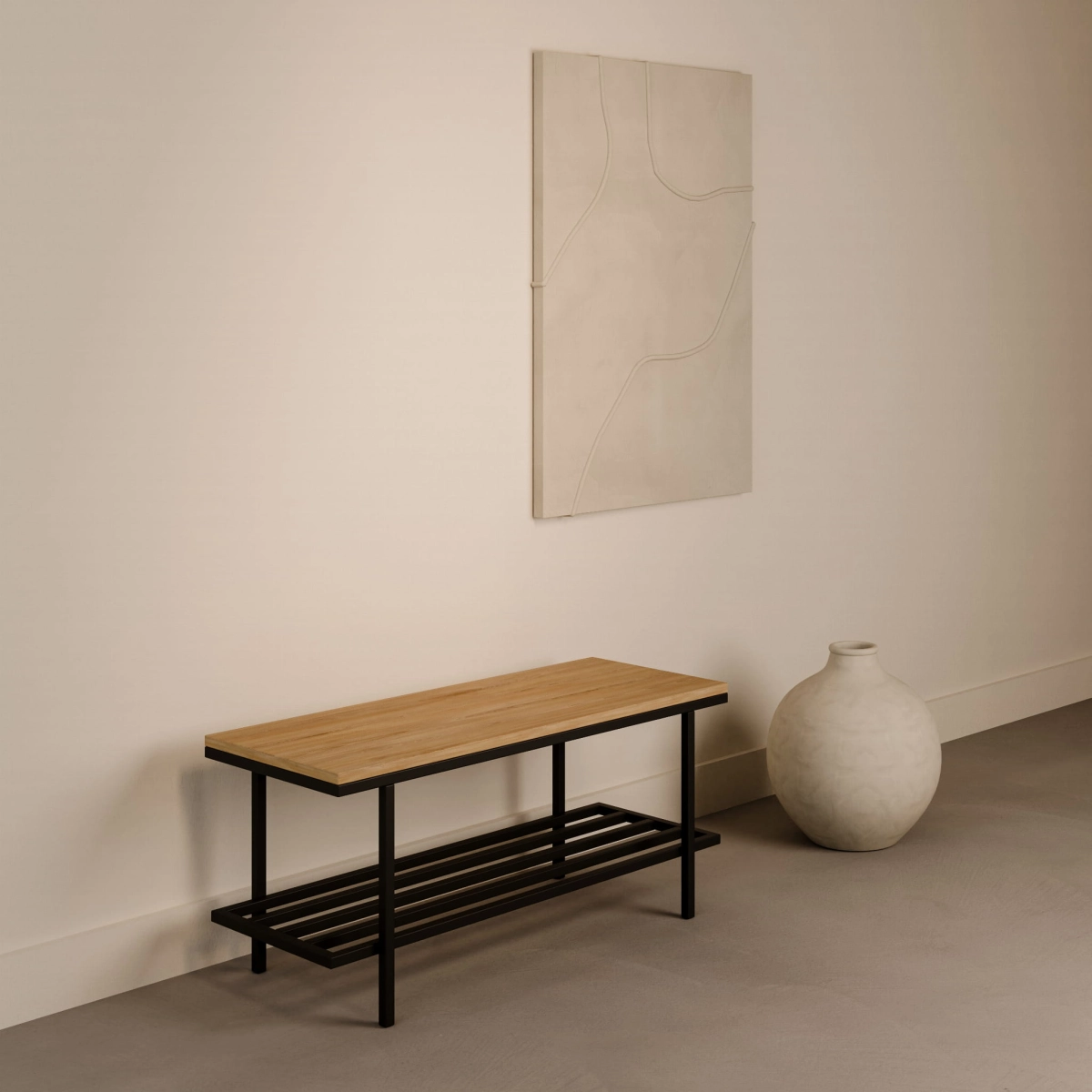 Banc avec plateau en bois de style industriel sur une base en acier dans un couloir