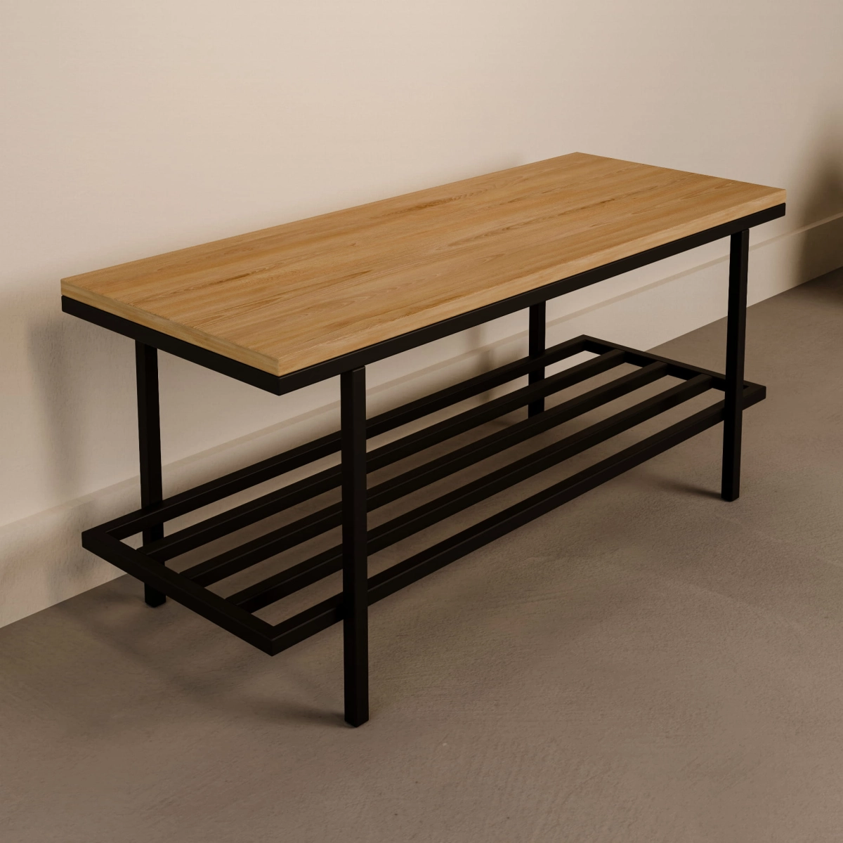 Banc industriel moderne avec plateau en bois sur structure en acier