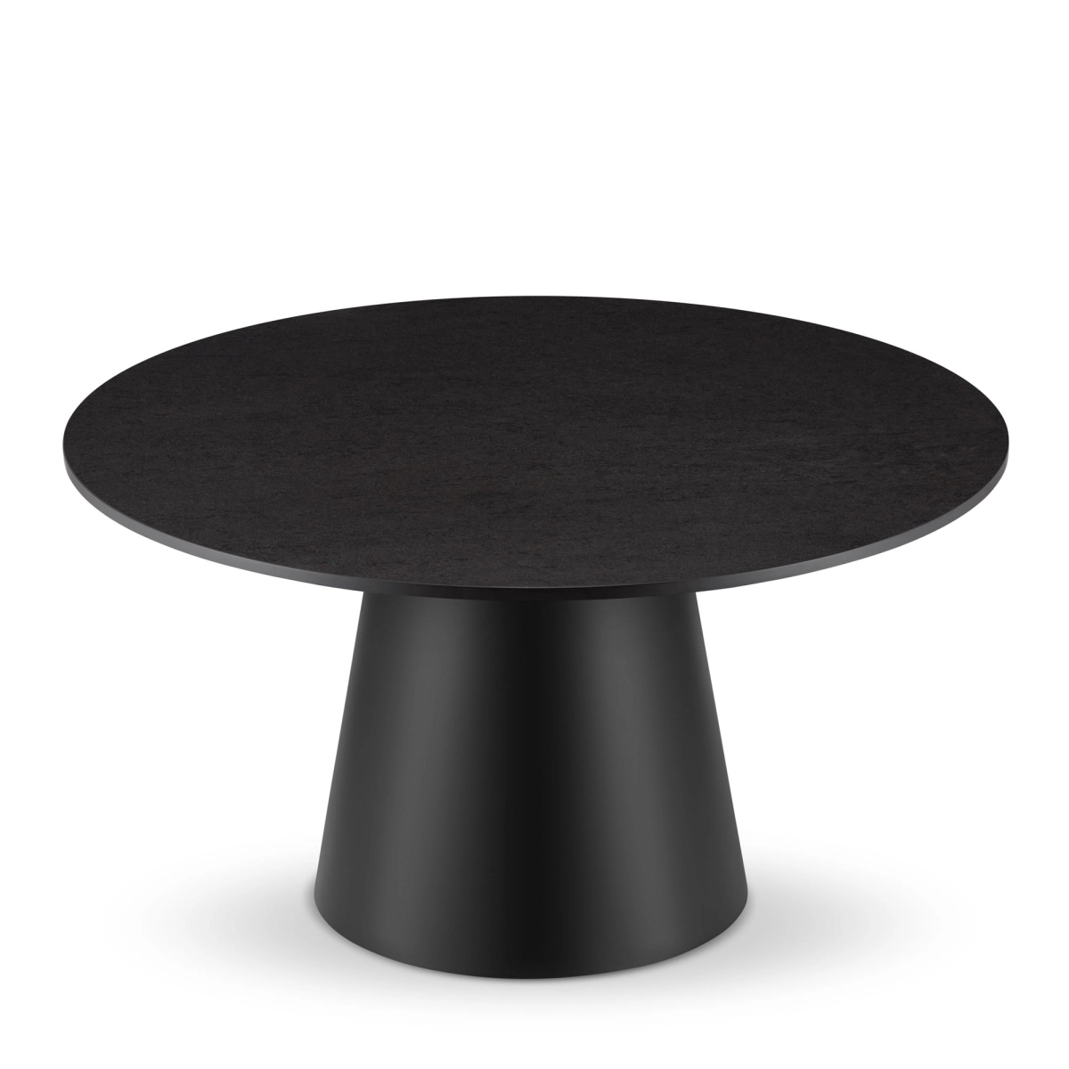 Table basse noire avec plateau en pierre et base ronde en acier, élégante et durable