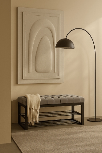 banc pour une pièce de style industriel en gris et avec étagères en acier