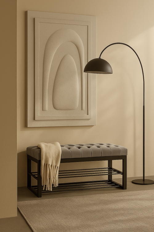 banc pour une pièce de style industriel en gris et avec étagères en acier