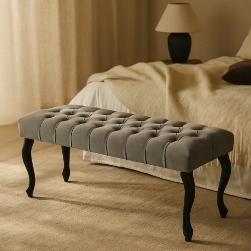 Banc matelassé gris avec pieds noirs