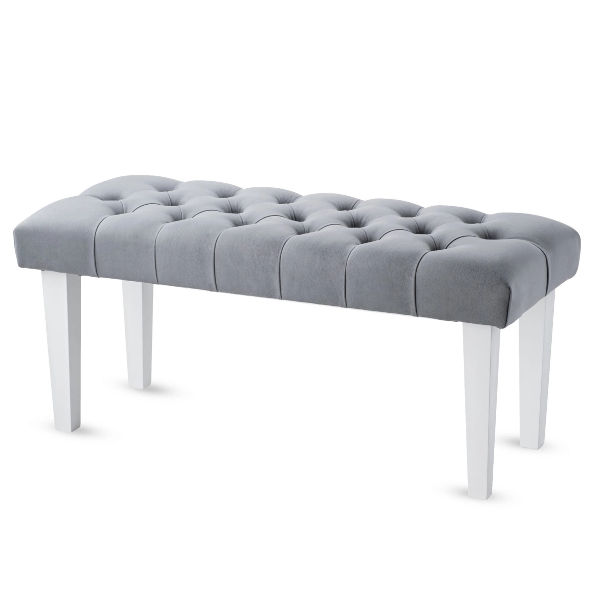 Banc matelassé gris avec pieds blancs, siège élégant pour le couloir