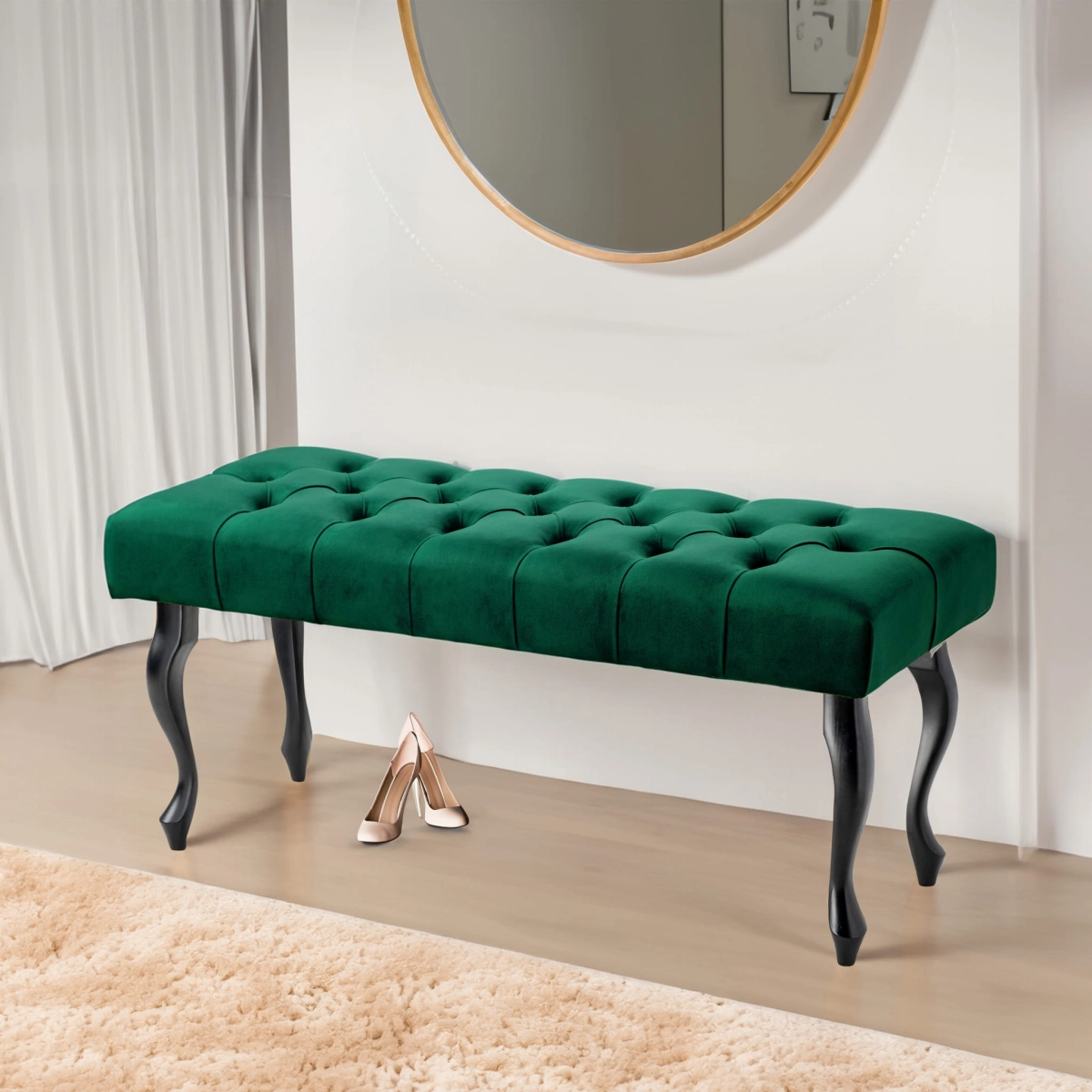 Banc matelassé vert bouteille avec pieds noirs