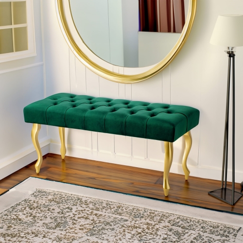 Banc de couloir capitonné vert bouteille avec pieds dorés