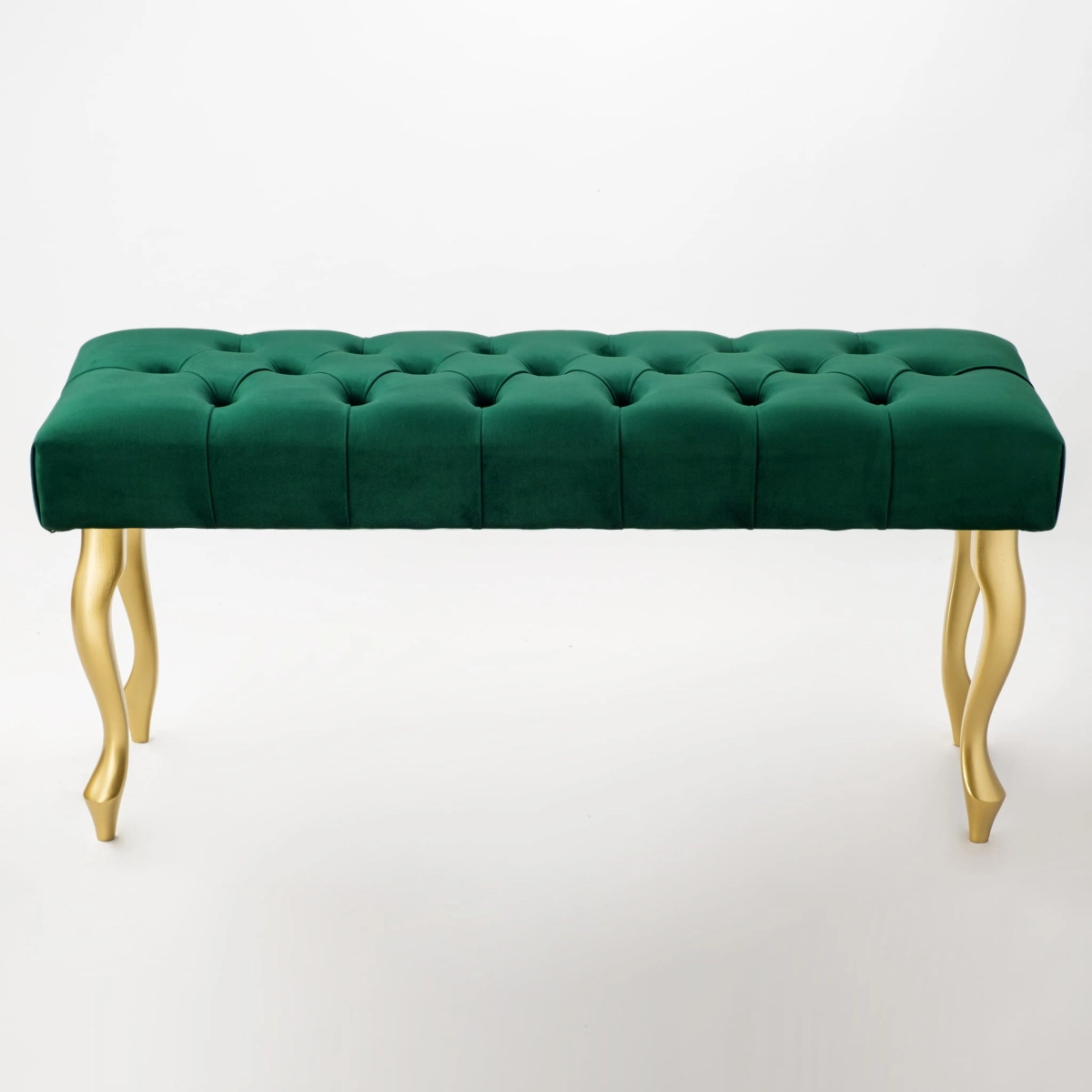 Banc capitonné vert bouteille avec pieds dorés
