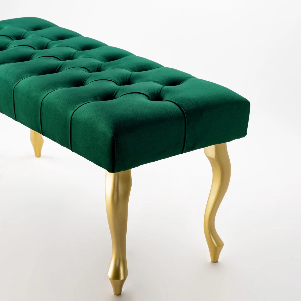 Banc moderne vert bouteille avec pieds dorés