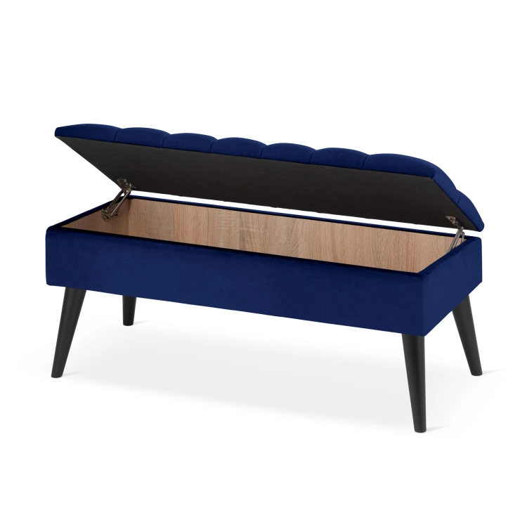 Pouf matelassé bleu marine avec rangement, un accessoire élégant et spacieux