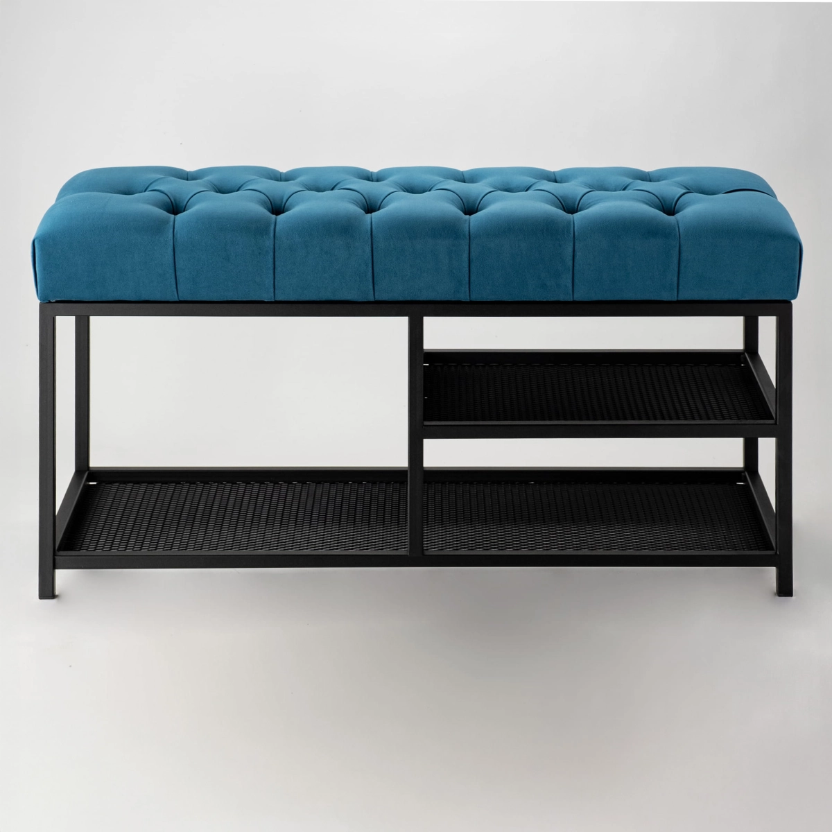 Banc d'entrée industriel avec assise bleue et étagères à chaussures en métal noir