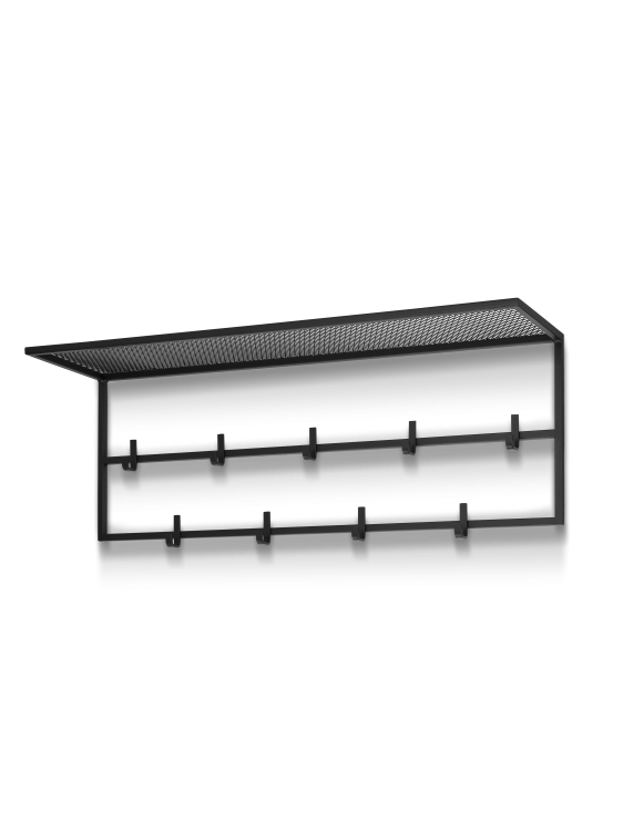 czarny wieszak z półką na ścianę do przedpokoju z pikowaną ławką