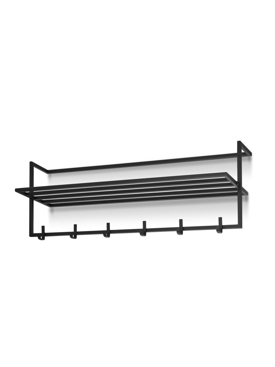 porte-manteau noir moderne avec étagère pour couloir avec banc capitonné