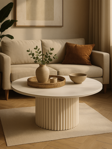 Une table basse beige moderne avec une base rainurée, parfaite pour les arrangements minimalistes.