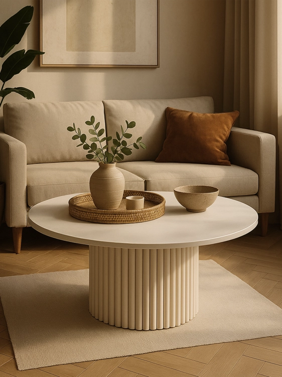 Une table basse beige moderne avec une base rainurée, parfaite pour les arrangements minimalistes.