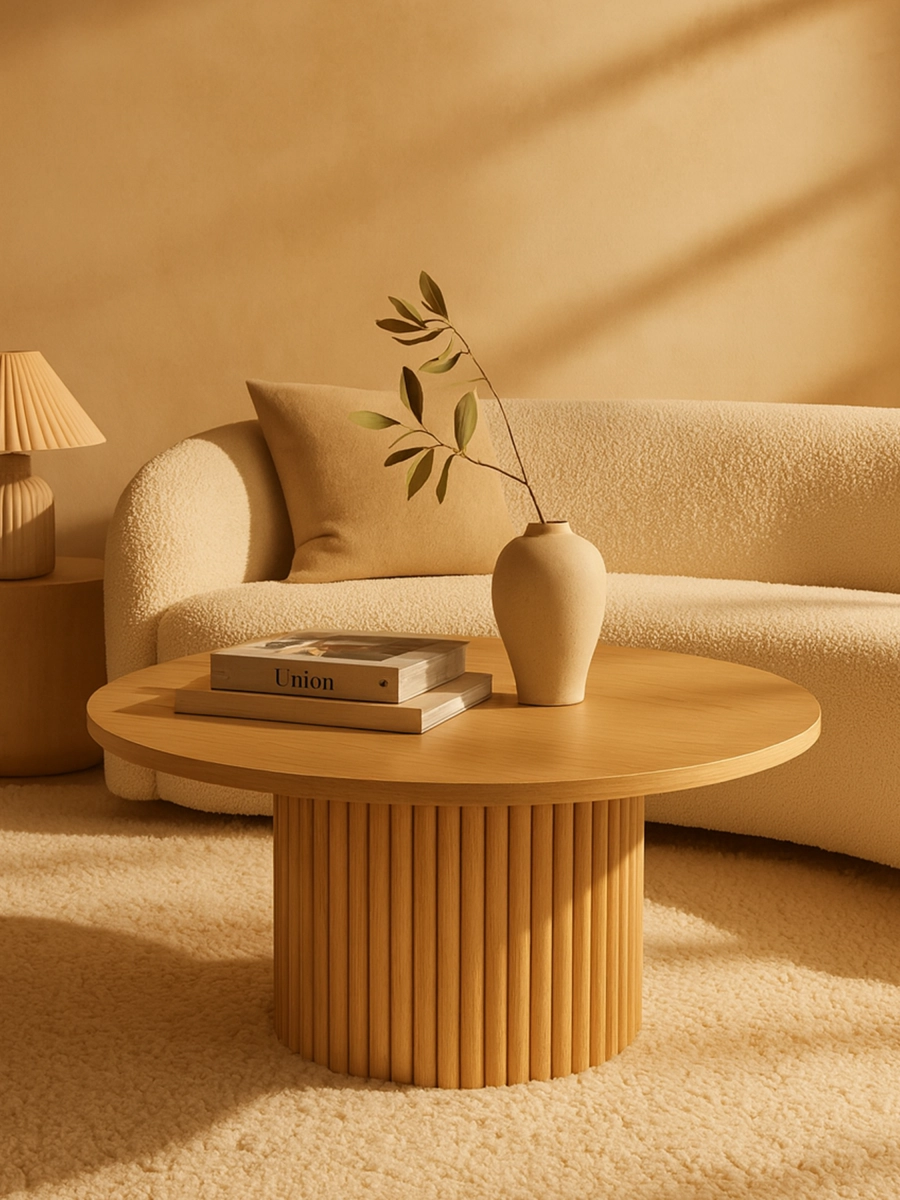 Table basse ronde en bois avec base rainurée