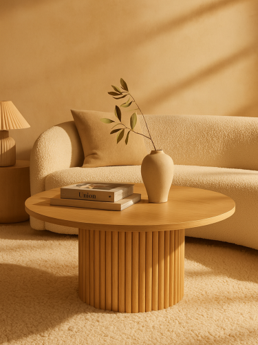 Table basse ronde en bois avec base rainurée