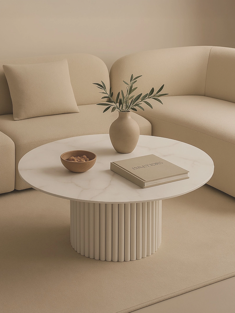 Table ronde blanche avec plateau en pierre et base rainurée décorative