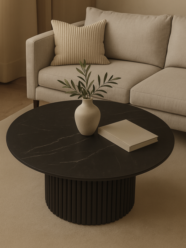 Table noire élégante avec plateau en pierre et base rainurée pour un intérieur élégant