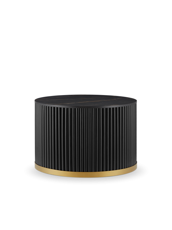 czarny okrągły stolik z kamiennym blatem