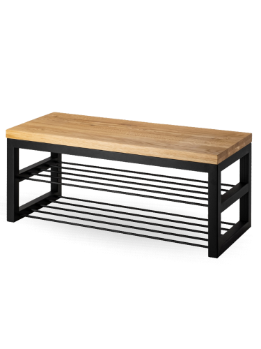 Banc industriel en métal avec étagères et plateau en bois