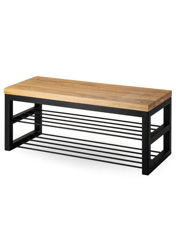 Banc industriel en métal avec étagères et plateau en bois