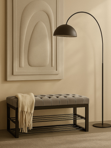 banc pour une pièce de style industriel en gris et avec étagères en acier