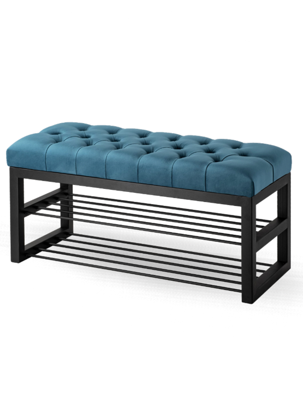 Banc de style industriel capitonné bleu avec étagères en métal