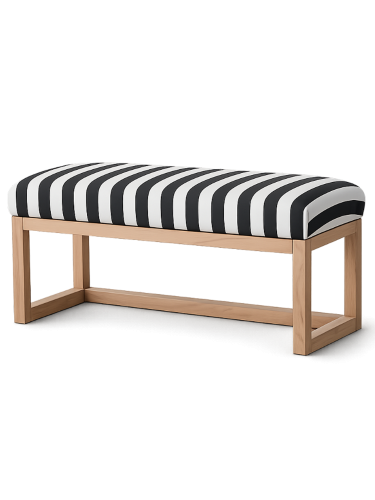 Banc rembourré à rayures noires et blanches avec un cadre en bois et une étagère