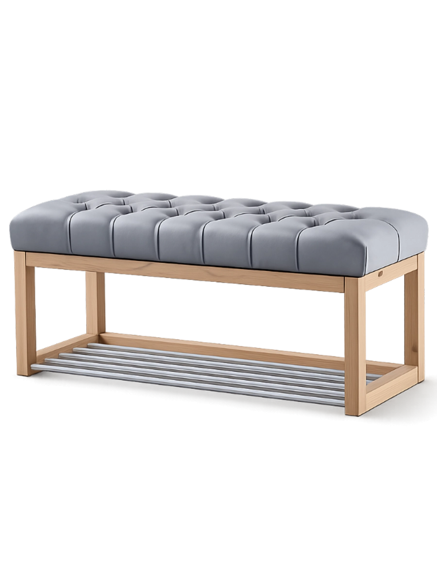 Banc avec assise matelassée grise et structure en bois