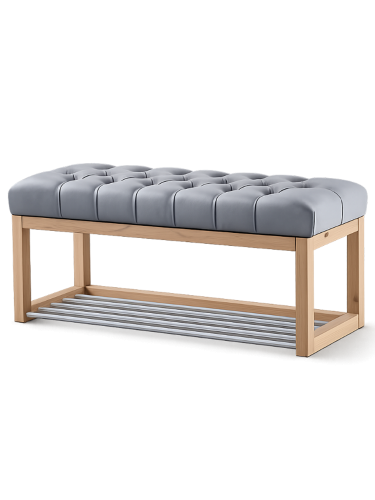 Banc avec assise matelassée grise et structure en bois