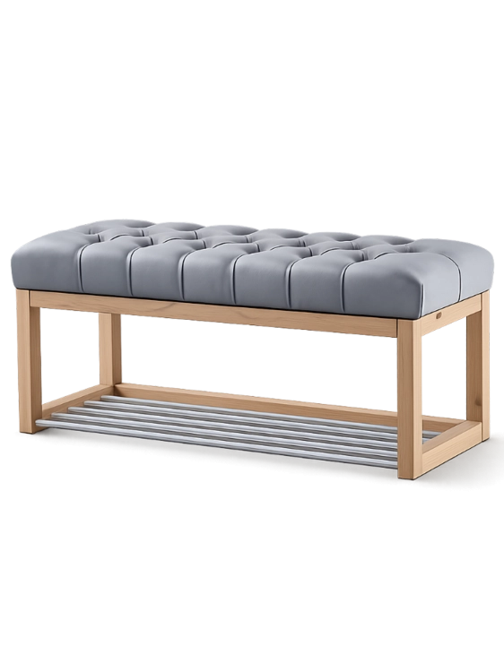 Banc avec assise matelassée grise et structure en bois